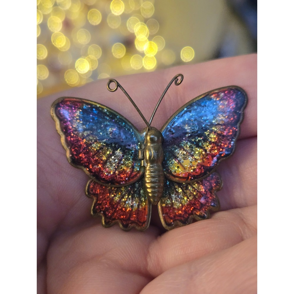 Rainbow Butterfly Brooch Vintage Brass Glittery